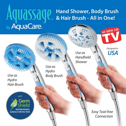 Vista 4 de Aquassage 5 en 1 de AquaCare - Cabezal de ducha de alta presión de 76 modos, combinado, ducha de mano, cepillo corporal y cepillo de pelo en uno.