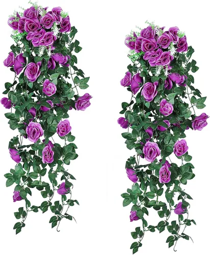 Vista 22 de RECUTMS - Guirnalda de flores artificiales colgantes de rosas negras, 2 guirnaldas florales falsas de 3.3 pies con 30 luces LED para pared