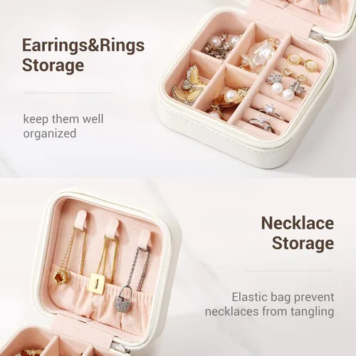 Vista 2 de Casegrace - Mini joyero portátil de viaje de cuero para joyas organizador de anillos caja de regalo para niñas y mujeres