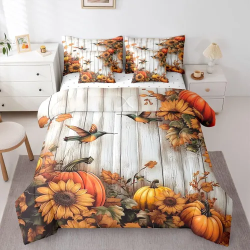 Vista 25 de Feelyou Fall Pumpkin Comforter Set with Sheets 7 Piece Twin Size Autumn Bed in a Bag Kids Boys Girls Pumpkin Maple Leaf Bedding Set Hummingbird Beig