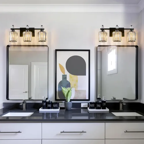 Vista 3 de Luces de Tocador de Baño de 3 Luces, Placado Negro, Modernas Luces de Tocador de Cristal para Baño, Luces de Tocador de Cristal para Usar Sobre