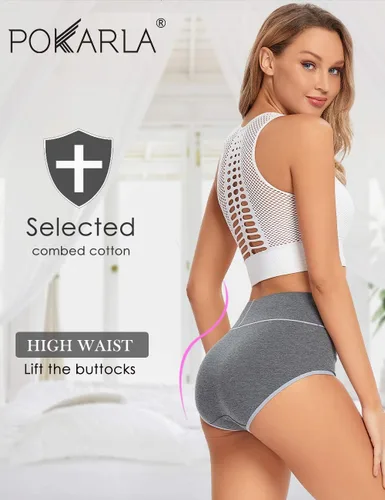 Vista 2 de POKARLA - Ropa interior de algodón y con cintura alta para mujer, es suave, es transpirable, son calzones elásticos, con talla regular