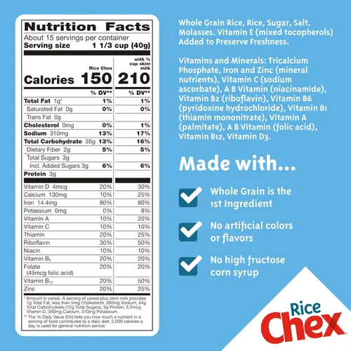 Vista 2 de Rice Chex - Cereal de desayuno sin gluten, ingrediente casero Chex Mix, tamaño familiar, 18 onzas