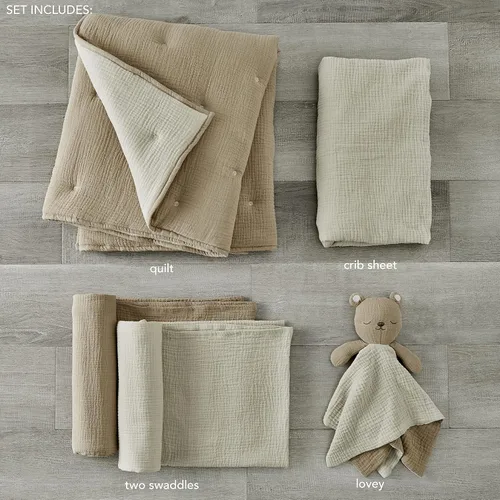 Vista 2 de Levtex Baby - Juego de cama de muselina en nube para cuna - Juego para habitación infantil - Estrellas beige y cacao - Muselina texturizada gris