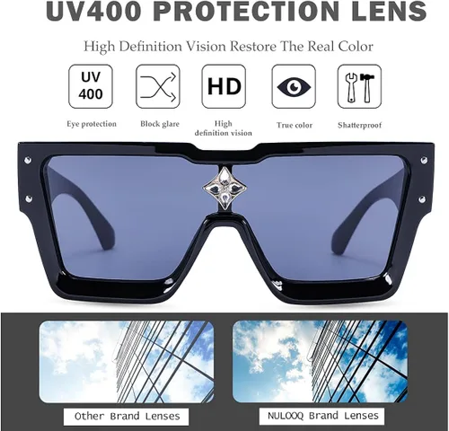 Vista 5 de NULOOQ Gafas de sol retro millonario para mujeres y hombres vintage a la moda parte superior plana marco grueso cuadrado estilo hip hop