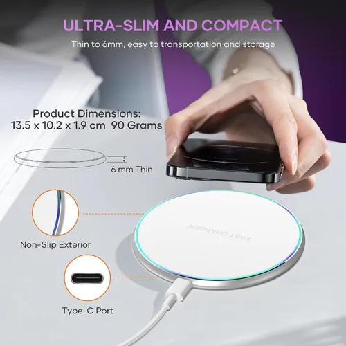 Vista 3 de Cargador inalámbrico compatible con iPhone 17 16 15 14 13 12 11 Pro Max/Mini/Plus/XR/X/8, Alfombrilla de carga rápida inalámbrica de 15 W máx