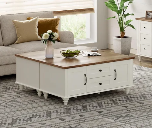 Vista 10 de WAMPAT - Mesa de café de granja con gabinete de almacenamiento, mesas de café de madera para la sala de estar, mesa de té rústica rectangular