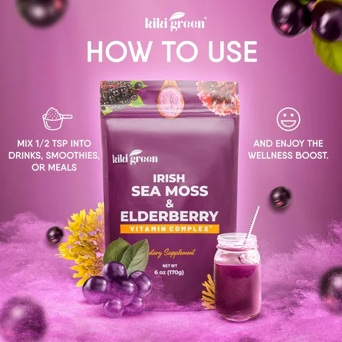 Vista 5 de KIKI Green Polvo de musgo marino con saúco – Mezcla multivitamínica vegana de superalimentos – para impulso inmunológico y apoyo – Añadir a