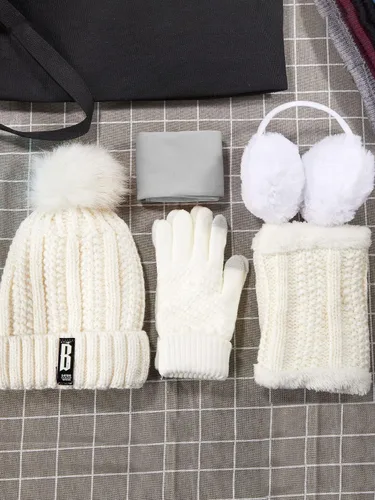 Vista 3 de 5 Pieces Women Winter Ski Outing Set, Knit Hat Scarf Gloves Earmuffs Stockings