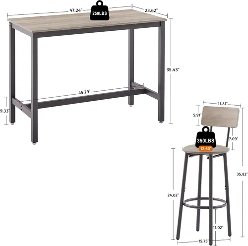 Vista 3 de ODUWA Juego de mesa y sillas de bar para 4,5 piezas de altura de mostrador Bistró Pub con 4 taburetes tapizados de poliuretano para comedor, cocina