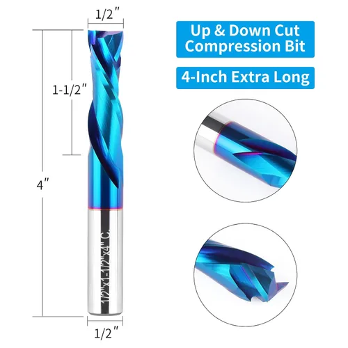 Vista 2 de EANOSIC Brocas de fresadora en espiral de compresión ascendente y descendente de 1/2 pulgada de diámetro de corte con revestimiento nano azul