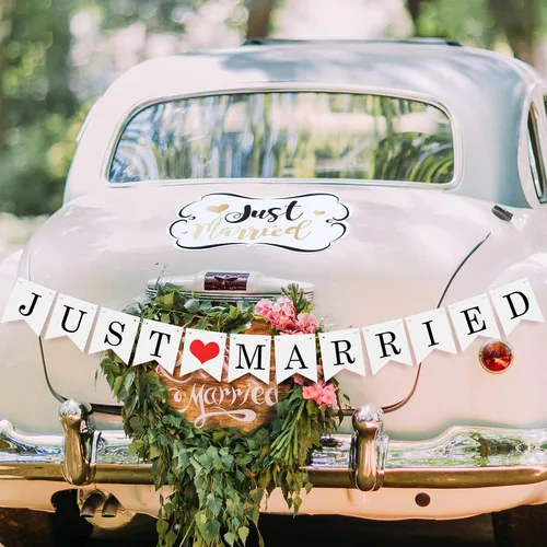 Vista 3 de Tallew 4 juegos de decoraciones para automóvil Just Married, imanes ornamentados de 12 x 7.5 pulgadas, calcomanías para ventana de automóvil del día