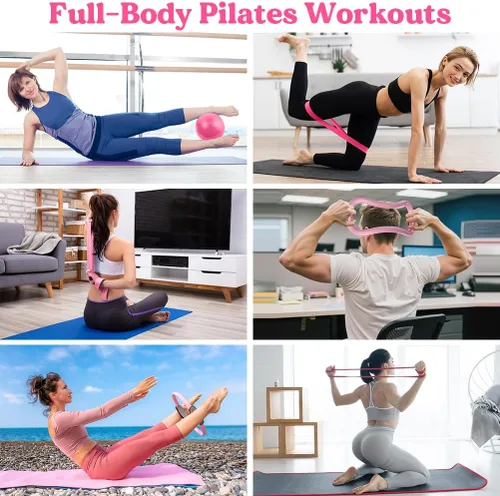 Vista 5 de Juego de anillos de pilates de 13 piezas, kit de pilates para mujer, accesorios de equipo de ejercicio, deformación, círculo mágico con asas Rosa