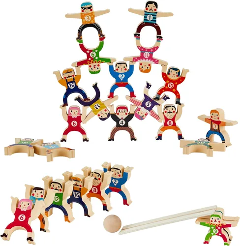 Vista 2 de moopok Juguetes Apilables de Madera, 16 Piezas Circo Hércules Troupe Acrobática Juguete de Encaje, Juego de Bloques de Construcción de Equilibrio