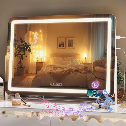Vista 10 de Hasipu Espejo de tocador con luces y altavoz Bluetooth, espejo LED de maquillaje de 23.6 x 19.7 pulgadas, espejo iluminado con aumento de 10X