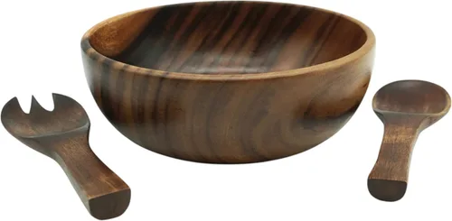 Vista 8 de Juego de ensaladera de madera de acacia – 9” Cuenco redondo artesanal con 2 servidores de madera, vajilla rústica y duradera para ensaladas, frutas