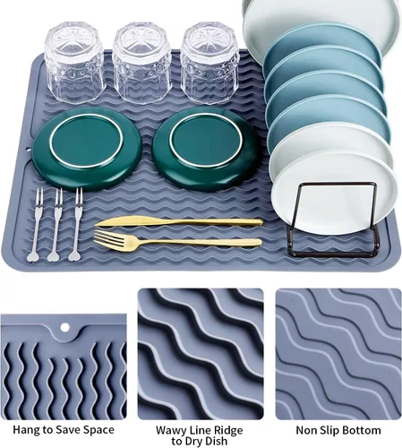 Vista 4 de Tapete de silicona para secar platos, 2 paquetes de tapete de silicona antideslizante, tapete de secado fácil de limpiar, tapete escurridor