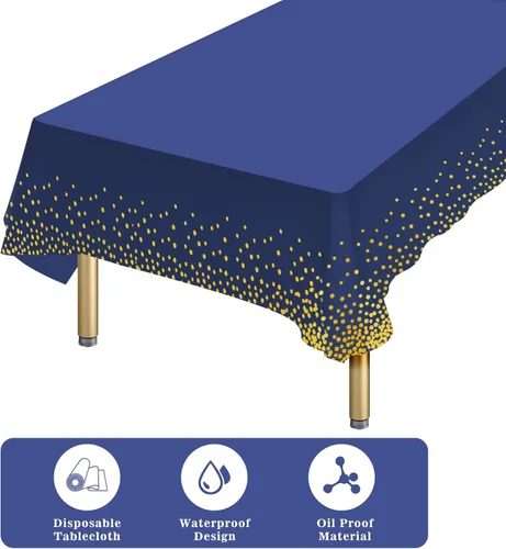 Vista 3 de Paquete de 4 manteles de plástico desechables azules y dorados para mesa rectangular, manteles desechables de 54 x 108 pulgadas, manteles