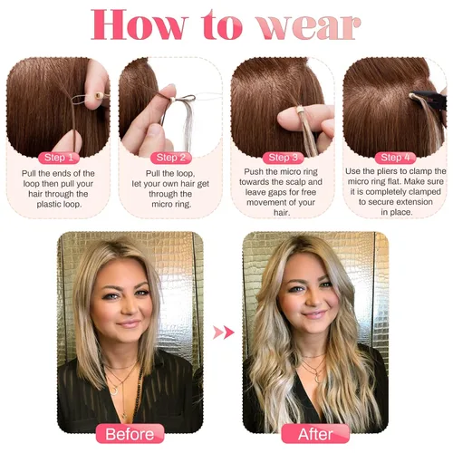 Vista 5 de MY-LADY Microlink - Extensiones de cabello humano con microcuentas de 14 pulgadas, extensiones de cabello rubio con micro bucle, extensiones