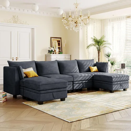 Vista 17 de KLMM Elegante sofá modular grande en forma de L de 2 piezas con dos almohadas, para sala de estar, oficina, apartamento, dormitorio, salón