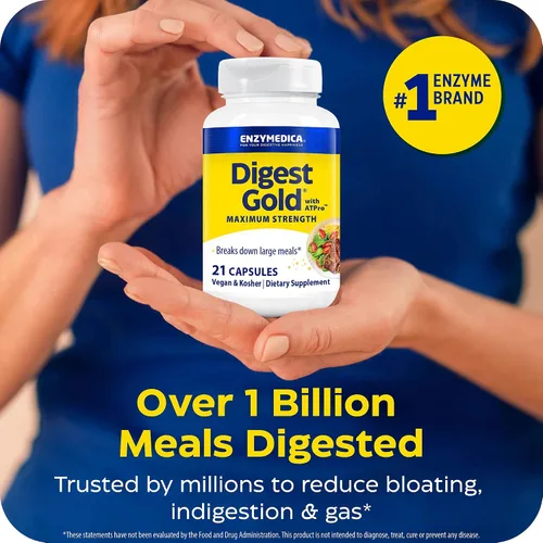 Vista 5 de Enzymedica Digest Gold + ATPro, fórmula enzimática de máxima fuerza, evita la hinchazón y los gases, 14 enzimas clave incluyendo amilasa, proteasa