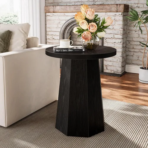 Vista 4 de Tribesigns Mesa Auxiliar Redonda de Estilo Rústico, Mesa Lateral de Madera para Sofá con Base Octagonal, Mesita de Noche Negra con Pedestal, Mueble
