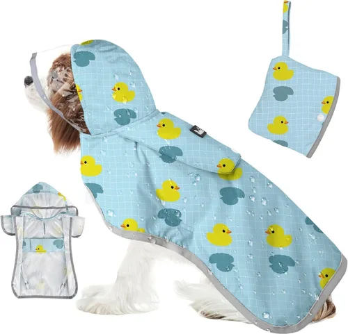 Vista 14 de SlowTon Chubasquero para perros, chaqueta de lluvia ajustable para perros con capucha transparente de doble capa, poncho impermeable con tiras
