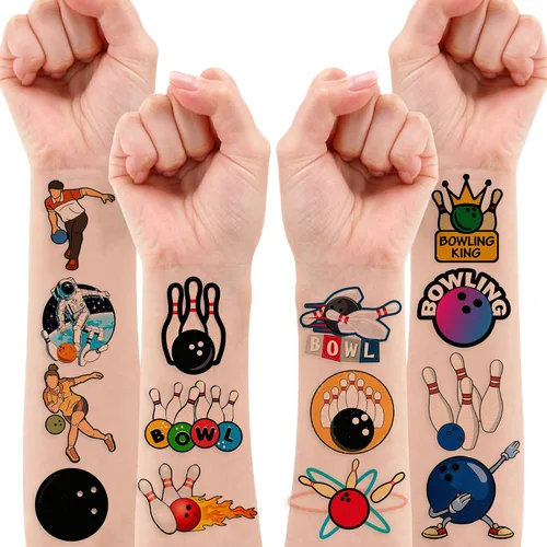 Vista 8 de 88 tatuajes temporales de boliche para niños, divertidas calcomanías de bola de boliche, recuerdos de fiesta de cumpleaños temática deportiva