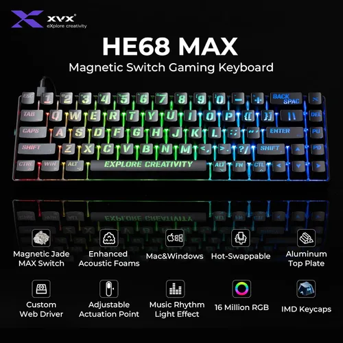 Vista 2 de XVX HE68 Max Teclado de Activación Rápida 60%, Teclado de Efecto Hall con Interruptor Gateron Magnetic Jade Max, Marco de Aluminio CNC, Teclado