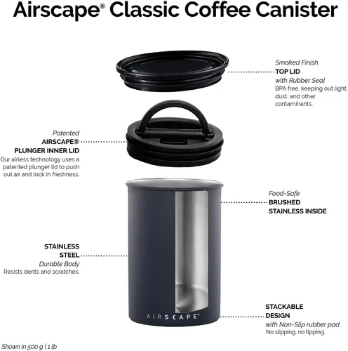 Vista 2 de AirScape Planetary Design - Recipiente de café de acero inoxidable Contenedor de almacenamiento de alimentos Tapa interior patentada de émbolo