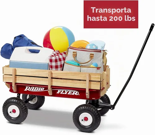 Vista 4 de 32 vagones de acero y madera todo terreno Radio Flyer , Rojo All-Steel Body with Wood Sides, 10” All-Terrain Rubber Tires, Extra-Long Handle Folds