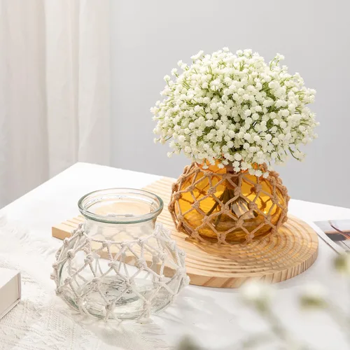Vista 5 de Hollyone Jarrón de vidrio ámbar con cubierta de cuerda de algodón, jarrón redondo de vidrio tejido, botella de flores decorativa, jarrón moderno