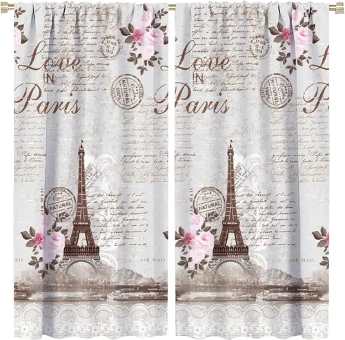 Vista 14 de Cortinas de la Torre Eiffel de París, pintura al óleo, flores moradas, torres de ciudad, con bolsillo para barra, cortinas de ventana