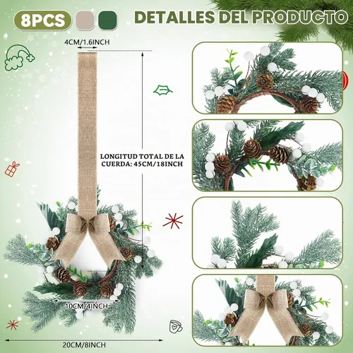 Vista 2 de Lyrow 8 piezas 20 cm Mini coronas de Navidad para gabinete de cocina con lazo de cinta, hojas artificiales, bayas, coronas colgantes para decoración