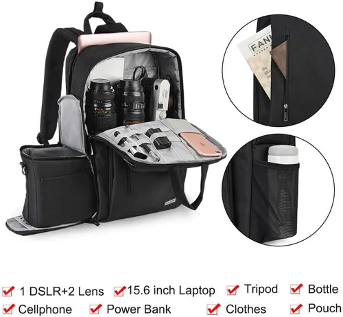 Vista 2 de CADeN Mochila para cámara DSLR, impermeable, antirrobo, con compartimento para laptop de 15.6 pulgadas, puerto de carga USB, soporte para trípode