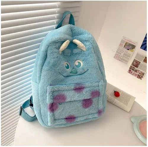 Vista 2 de Mochila Kawaii Fuzzy Daypack, lindo diseño de animales esponjosos Y2K, elegante, de dibujos animados, bolsa de hombro diaria, Azul, Mochilas Daypack
