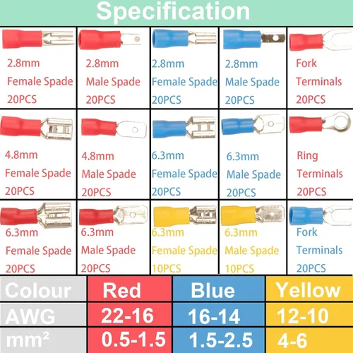 Vista 3 de Feggizuli 280 piezas de conectores de crimpado, kit de conectores macho y hembra de pala de 2.8 mm, 4.8 mm, 6.3 mm, 15 tipos de terminales