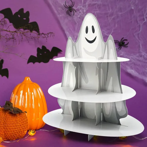 Vista 7 de Soporte de 3 niveles para cupcakes de Halloween, castillo de Halloween, soporte redondo de cartón, torre de postre, torre de árbol de postre