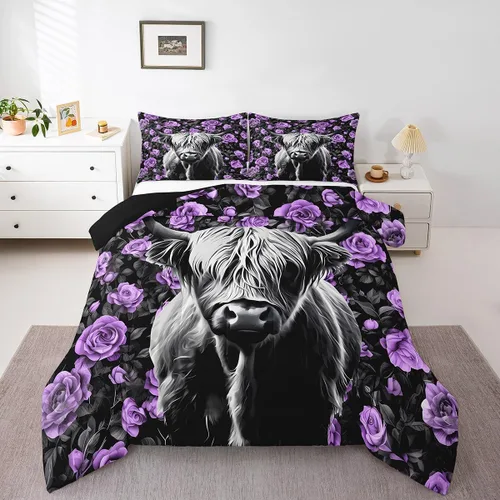Vista 21 de Erosebridal Juego de edredón con estampado de vaca de las Highland, juego de ropa de cama de granja occidental verde azulado, decoración rústica