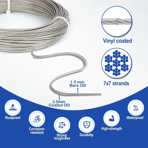 Vista 2 de Kit de enrejado de alambre TooTaci, cable de 50 pies 1/16" de acero inoxidable recubierto de vinilo, kit tensor tensor de M5, cable de acero