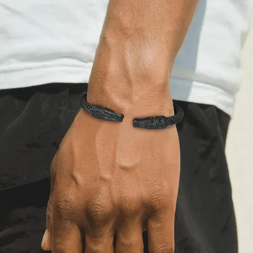 Vista 4 de Bestyle Brazalete vikingo de acero inoxidable pesado para hombres y niños, pulsera ajustable abierta de cuervoloboruna, vintage, retro, joyería