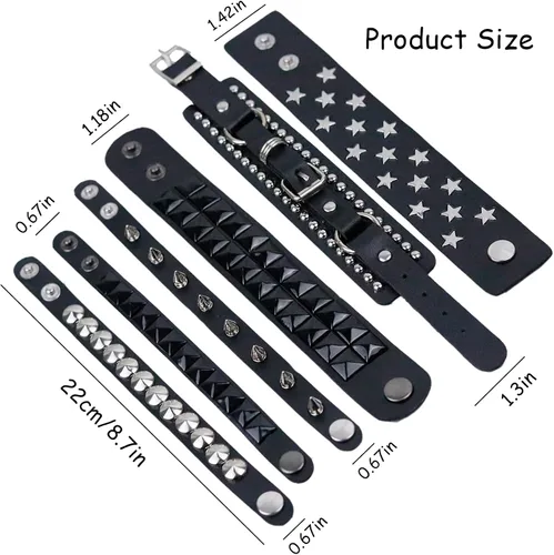 Vista 2 de 6 pulseras punk de cuero tachonado negro para hombres y mujeres