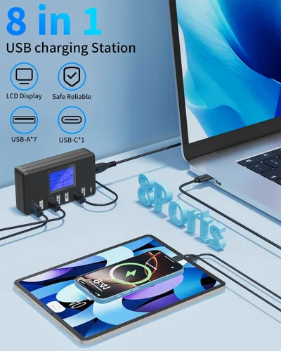 Vista 2 de Estación de carga USB de 60 W, 12 A, 8 puertos, cargador concentrador USB multipuerto, pantalla LCD de tamaño compacto, compatible con iPhone, iPad
