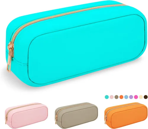 Vista 28 de Iqimott Bolsa Grande de Maquillaje de Nylon, Neceser de Viaje, Bolsa Grande de Cosméticos Preppy, Organizador de Maquillaje de Nylon, Bolsa de Beige