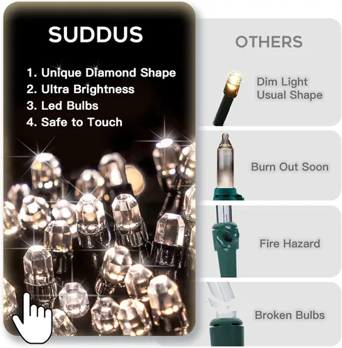 Vista 5 de suddus Luces de árbol de Navidad para interiores, 100 luces LED de 33 pies de color blanco cálido, tira de luces al aire libre para casa, ventanas