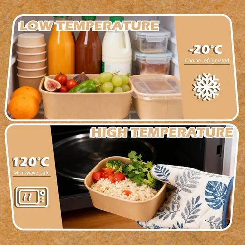 Vista 4 de Paquete de 50 cuencos de papel kraft desechables de 25 onzas con tapas, recipientes rectangulares de papel para alimentos, recipientes