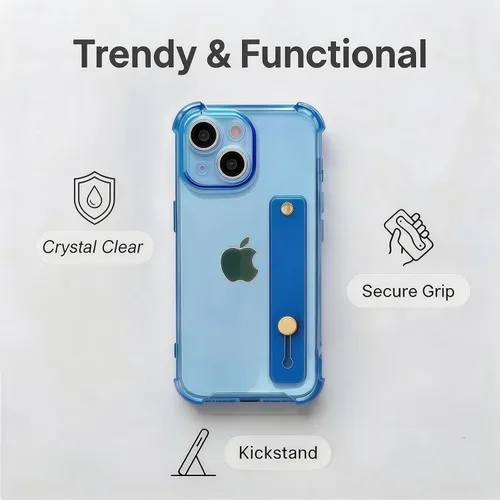 Vista 5 de Funda compatible con iPhone 15 con soporte para correa, color azul, soporte de pulsera, TPU suave transparente, bucle de agarre ajustable