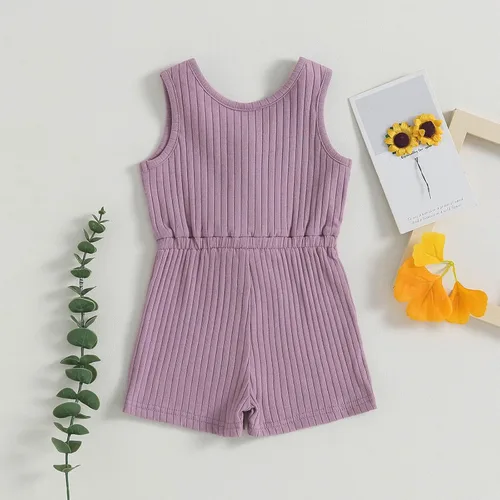 Vista 3 de TheFound Mameluco de verano para niña pequeña, ropa acanalada, overol con botones, 0-5T