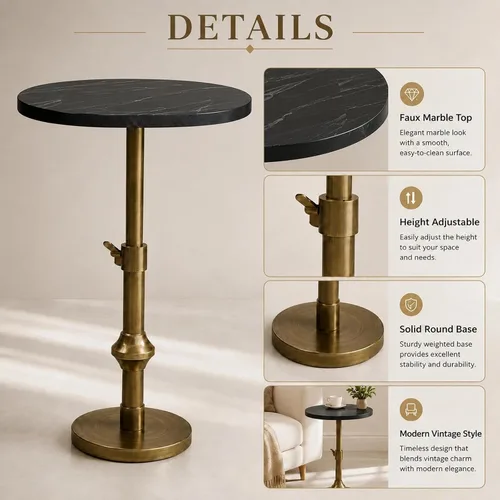 Vista 5 de WHGBJA - Mesa auxiliar ajustable con pedestal de mármol sintético, 12 x 30 pulgadas