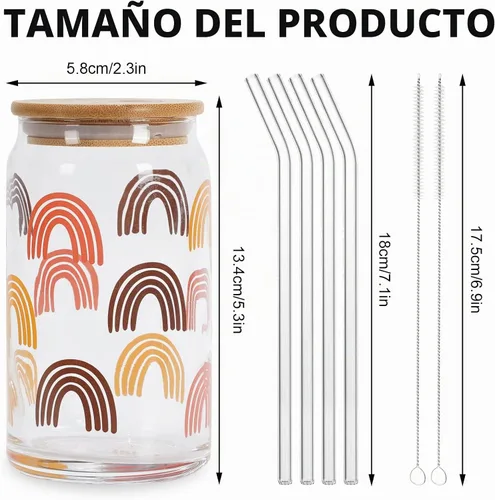 Vista 2 de Whaline 4 tazas de café helado boho con tapas y pajitas de bambú, vasos retro Groovy de 16 onzas, arco iris, cara, flor, cerveza, vaso de vidrio